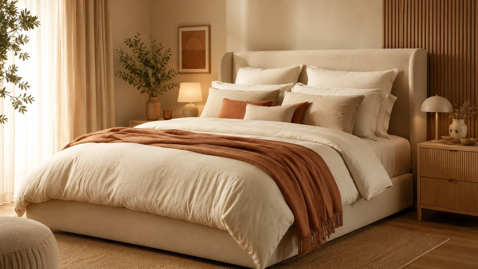 Chambre avec un lit habillé de linge de lit beige et terracotta